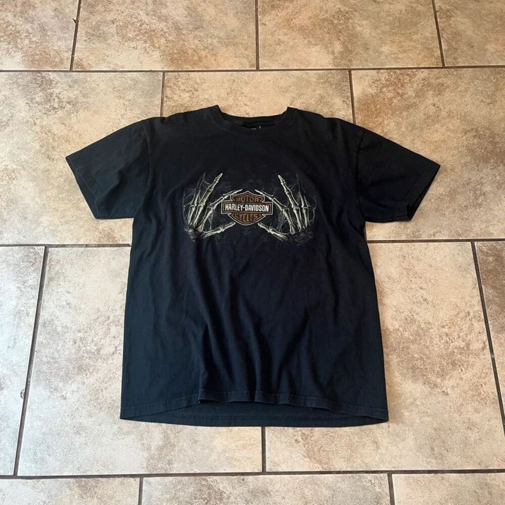 Vintage Harley Davidson Skeleton Hands Shirt Black Santa Fe Eagle Mens L